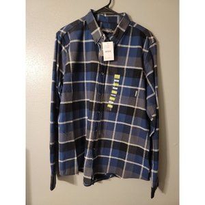 Eddie Bauer Blue Plaid Flannel Button Up Shirt Size L 100% Cotton NWT